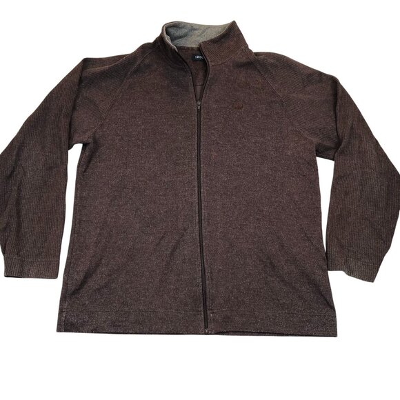 Izod Mens Full-Zip Knit Sweater Jacket Size XL Brown Ribbed Mock Neck Casual - Picture 1 of 10